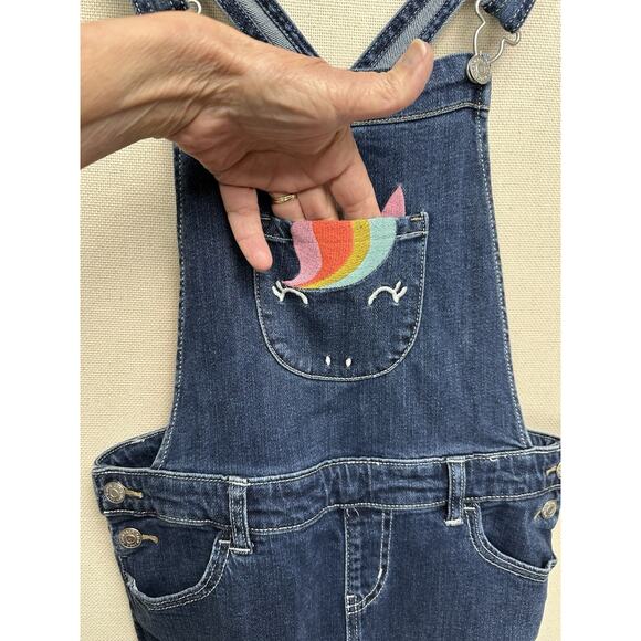 Cat & Jack Girls Distressed Blue Stretch Denim Bib Overalls Large 10-12 Unicorn - Picture 7 of 16